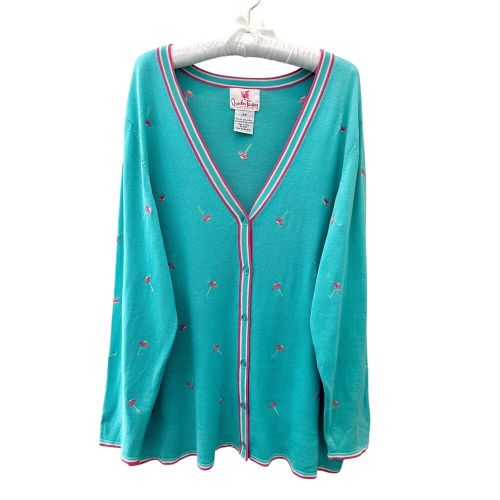Quacker Factory 2X Turquoise Silk Cotton Embroidered Floral Cardigan Sweater
